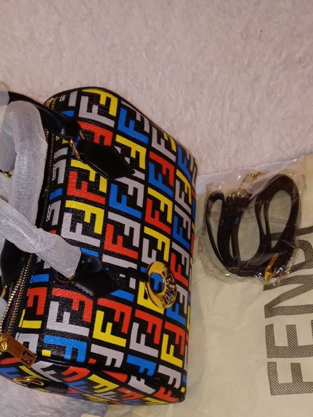 Fendi Multicolor FF Pattern Boston Bag with Black Trim - Picture 13 of 13